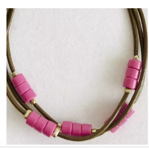 FOSSIL Pink/Gold Tone/Brown Leather Bracelet - Picture 2 of 5