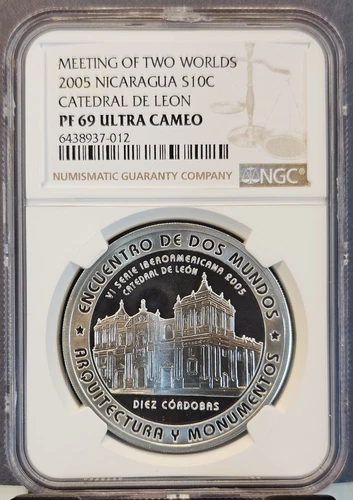 2005 NICARAGUA SILVER 10 CORDOBAS CATHEDRAL DE LEON NGC PF 69 ULTRA CAMEO SCARCE
