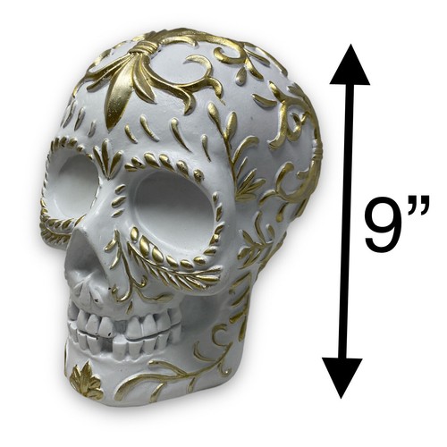Gothic Halloween Totenkopf Tischdeko weiß & gold verziert Fleur de Lis Wirbel - Bild 2 von 5