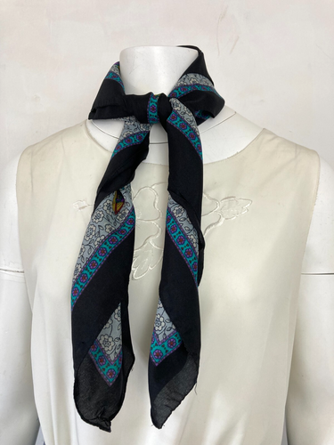 Vintage Square Neck Scarf Head Scarf Navy Blue Ditsy Florals BASITE DE FRANCE - Picture 5 of 6