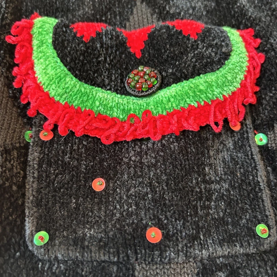 Cárdigan Suéter De Colección Berek Talla S Negro Chenilla Bolsillos Cuentas Vacaciones de Navidad Foto 4 de 4