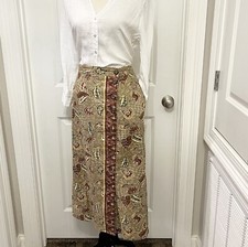 Jantzen Classics Maxi Skirt-VTG Brown Green Cream Floral- Linen Blend-SZ 12