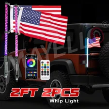 2Pcs 2FT RGB Spiral LED Whip Lights Antenna Chase + Flag&Remote for ATV UTV
