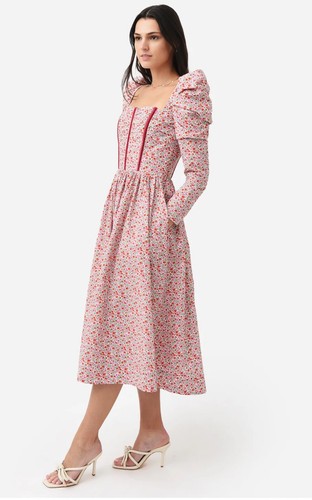 Evi Grintela Melitta The Shirt Dress Yellow Floral Print Off the Shoulder Midi - Picture 2 of 4