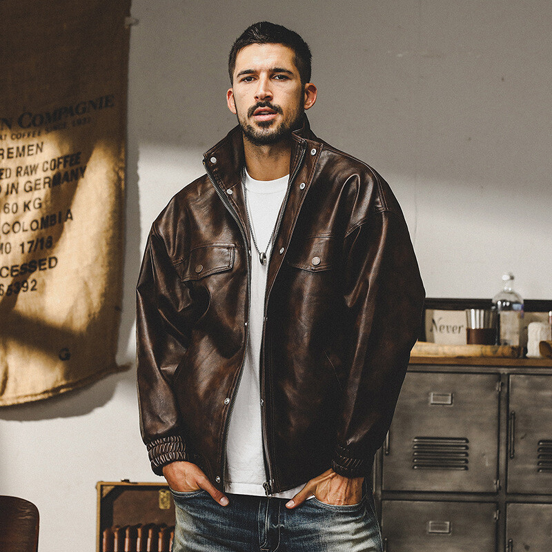 American Retro Soft Leather Jacket Men's Loose Motorcycle American Retro Soft Leather Jacket Men's Loose Motorcycle