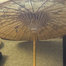 Vintage Asian Bamboo Paper Parasol Umbrella Scenic Floral Design