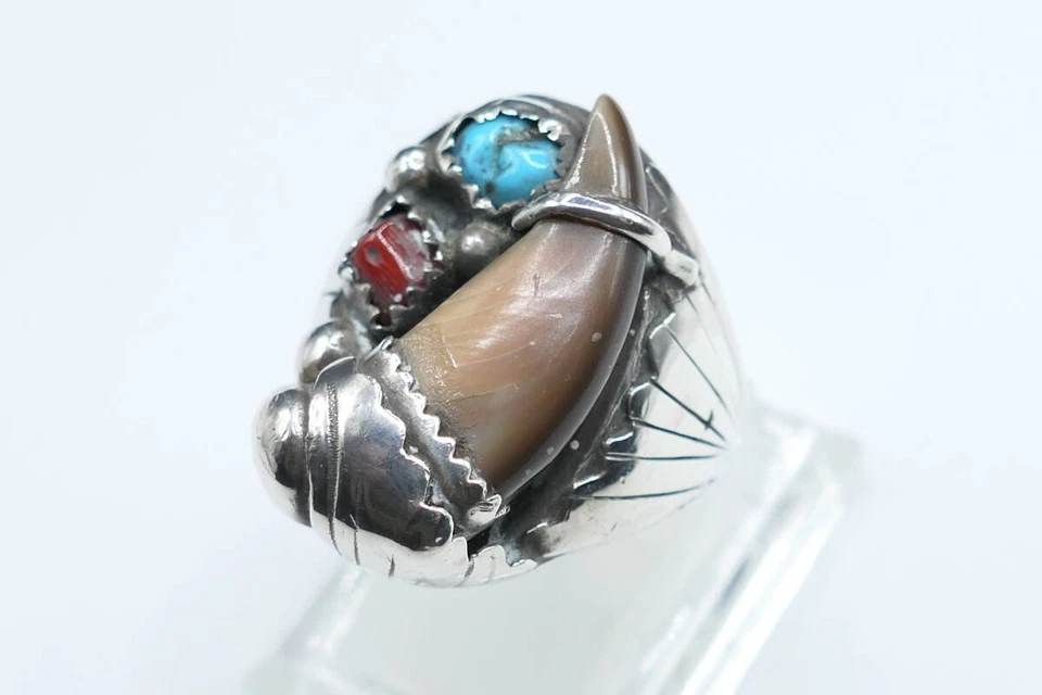 Anillo Navajo Garra de Oso Esterlina Turquesa y Coral EY Grabado Usado Foto 2 de 4