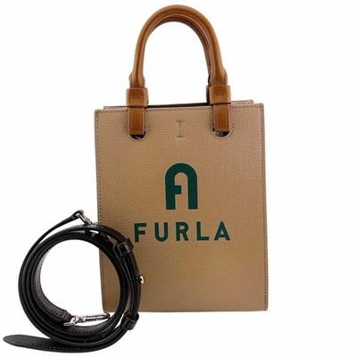 FURLA Varsity Style Mini Leather Tote Bag Brown 2Way Shoulder Purse Authentic