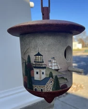 Vtg Hand Painted Wooden Birdhouse Light House Boats Signed KMG 03