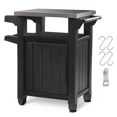Keter Unity 40 Gal Patio Storage Grilling Bar Cart w/ Stainless Steel Top, Grey