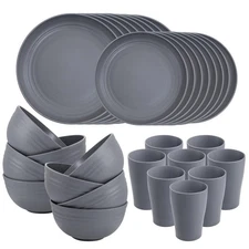 32PCS Wheat Straw Dinnerware Set, 8 Person, Dark Grey, Plates, Bowls, Cups