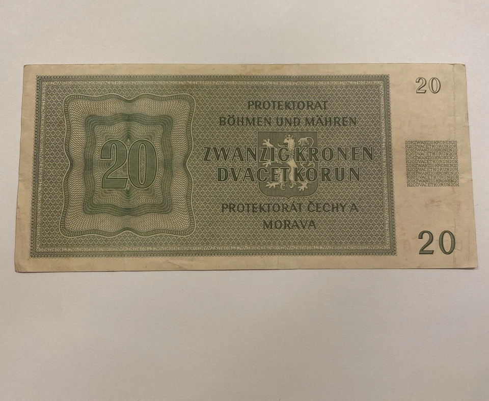 Bohemia And Moravia 1944 20 Korun Banknote, Great Condition, Free Shipping! - Image 2 of 2