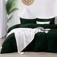 Duvet Cover King Size, 100 Washed Cotton, Linen Feel, Dark Green Comforter C...