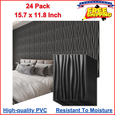 24 Pack Black 3D Wall Panels 15.7 x 11.8 Inch Decorative PVC Tiles Wavy Design