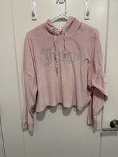 Juicy Couture Pink Velour Cropped Hoodie Sleepwear Rhinestone Logo Size L Y2k