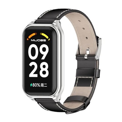 Für Redmi Band 2 Mijobs Echtlederarmband mit Metallschale (Silber n