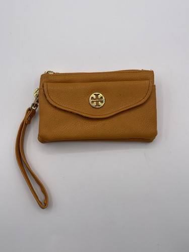 Tory Burch Camel Tan Leather Zip Coin Purse Credit Card Wristlet Mini Wallet