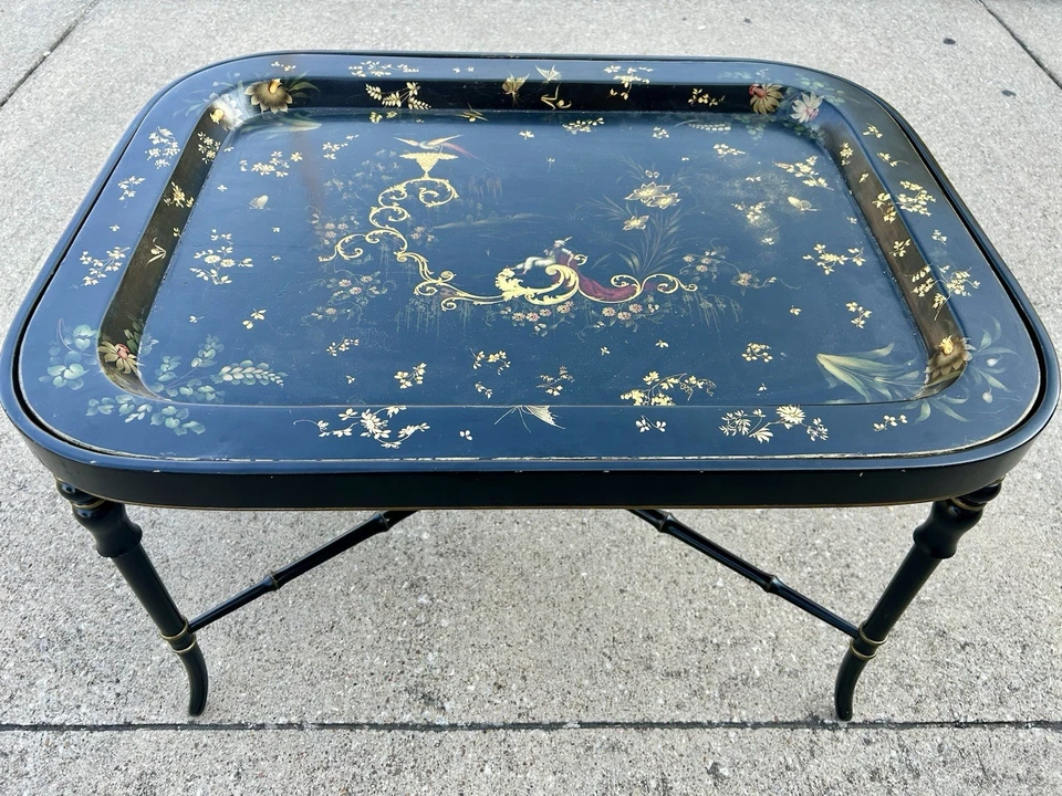 Regency-Era Papier-mâché Black Tray Table With Chinoiserie Tray - Image 2 of 4