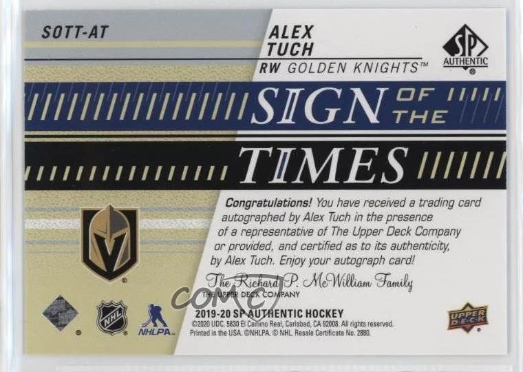 2019-20 SP Authentic Sign of the Times Alex Tuch #SOTT-AT Auto - Image 2 of 2