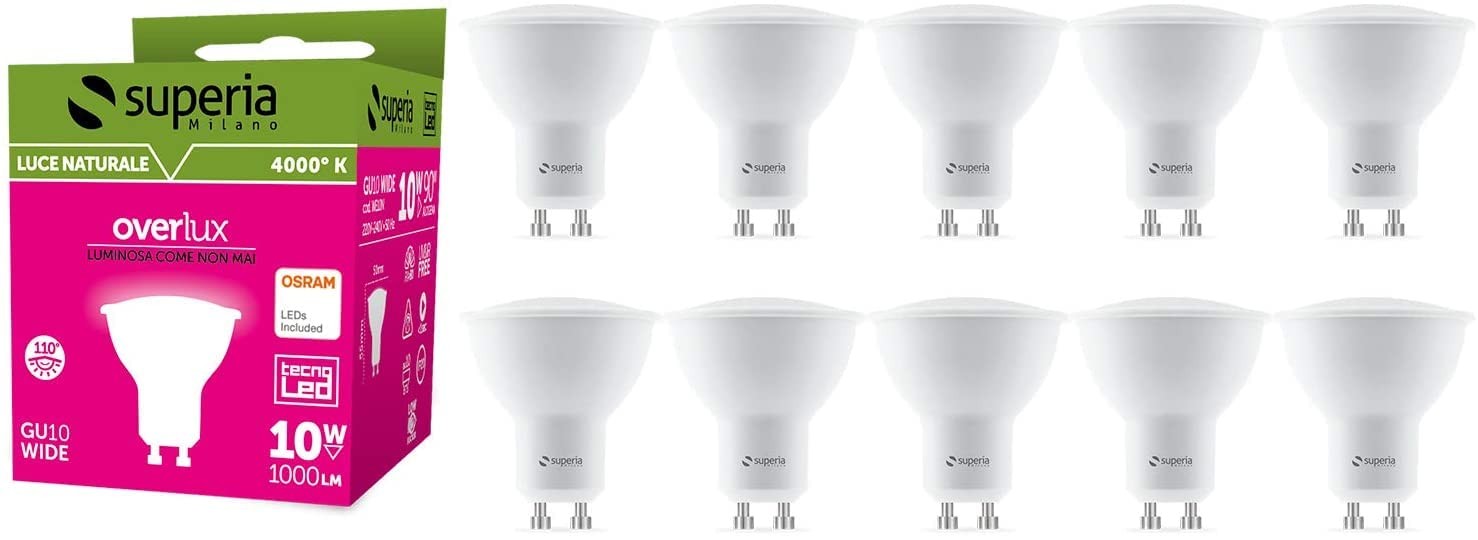 Superia Lampadina LED GU10 Wide 10W, (Equivalenti 90W), Luce Naturale 4000K RA80