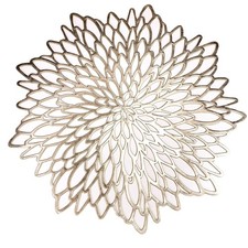 6 Pack Gold Placemats Metallic Pressed Vinyl Round Leaf Plastic Dinning Table...