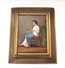 Antique Berlin Porcelain Plaque Painting a Young Girl Playing Dreidels or Tops