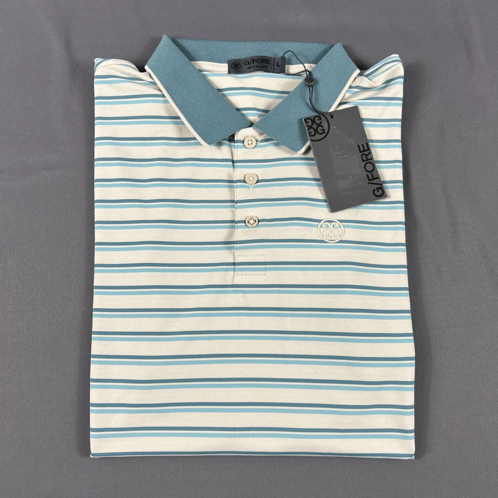G/Fore G4 Golf Shirt Polo Sleeve Logo Striped Large Beige Polyester MSRP $120