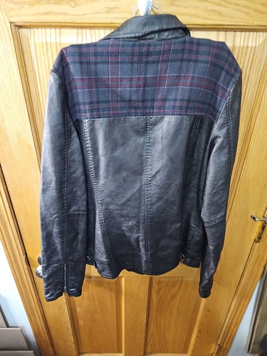 RUFF HEWN Brown Faux Leather Motorcycle Biker Style JACKET Plaid Trim Size Large - Picture 5 of 11