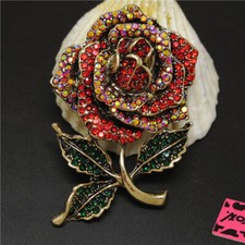 New Fashion Women Lady Red Crystal Enamel Vintage Rose Flower Charm Brooch Pin