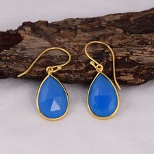 Sterling Silver Pear Shape Blue Chalcedony Dangle Earrings For Wedding & Event