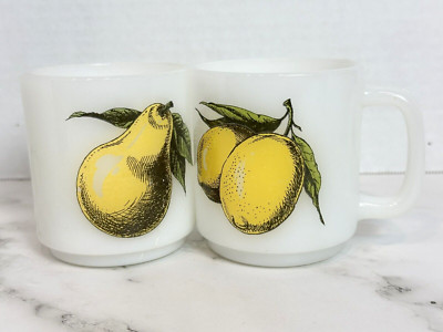 Vintage Glasbake Coffee Tea Mug 1 with Pear 1 With Lemon Set of (2)
