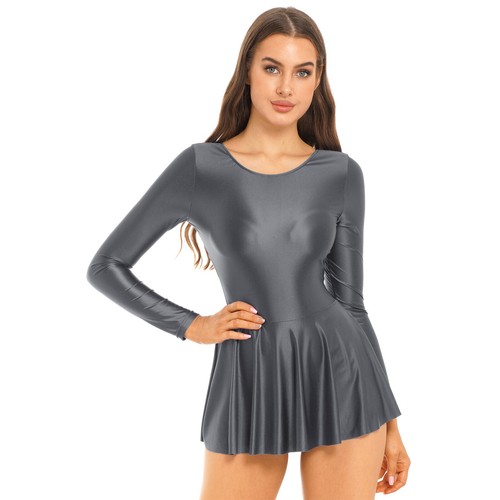 UK Women's One Piece Dress Leotard Swimwear Long Sleeve Glossy Swimsuit Dresses - Picture 66 of 113