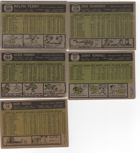 MLB 1961 TOPPS LOTE DE 5 TARJETAS #14 MOSSI 27 KINDALL 262 HOBBIE 278 McMAHON 389 TERRY - Imagen 2 de 2