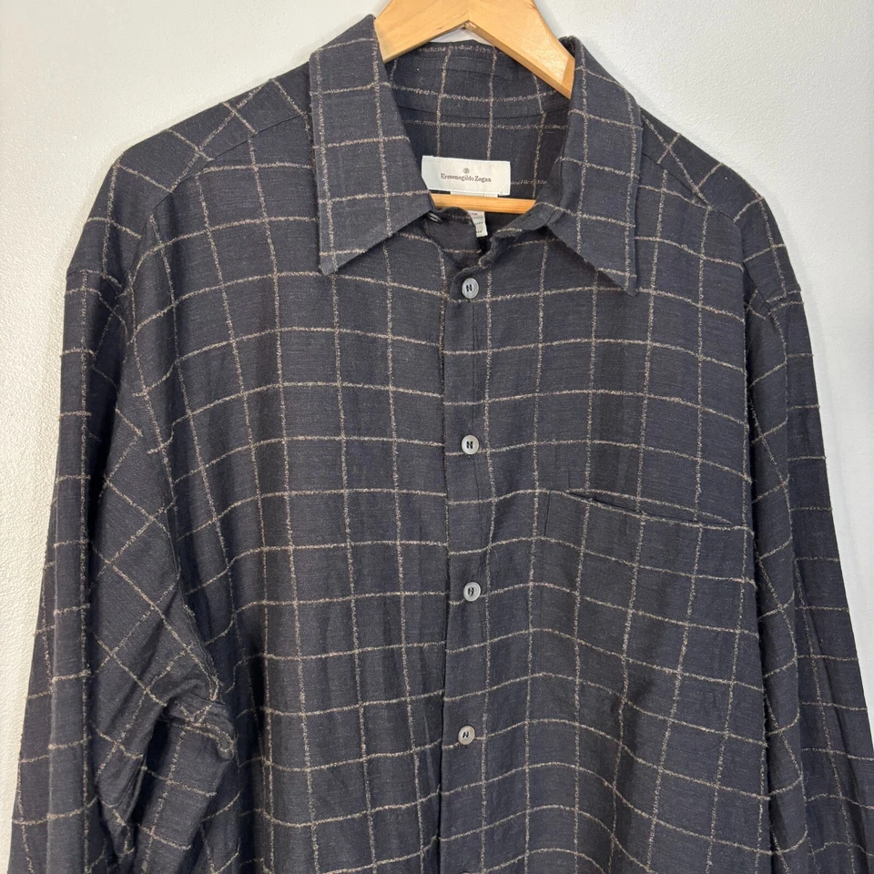 Camisa Ermenegildo Zegna XL Gris Carbón Texturizada Mezcla de Lana a Cuadros Botón Delantero Foto 2 de 4