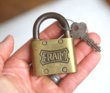 Vintage old Antique Fraim Padlock Brass lock w/ key luggage tool box case trunk