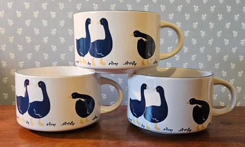 Vtg Goose Soup Mug Cup Blue White Set of 3 14oz Country Duck Geese Large