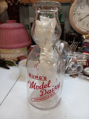 Vintage Quart Milk Bottle Burgs Model Dairy Clintonville Wisconsin Cream Top 