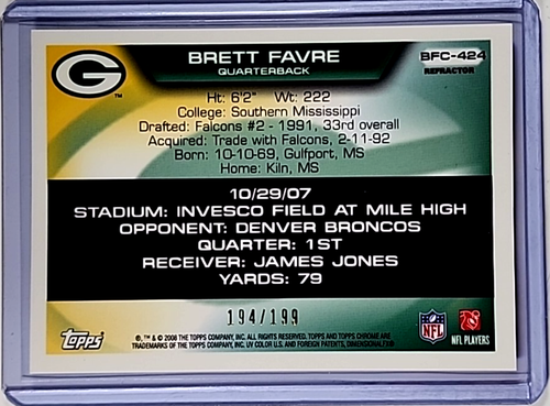 2008 Topps Chrome Favre Collection Refractor #BFC-424 Brett Favre HOF /199 - Picture 2 of 2
