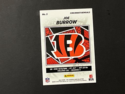 2024 PANINI NFL CARD - JOE BURROW - 5 - HARD TO FIND - Picture 2 of 2