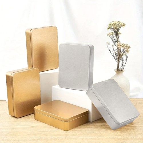 5x Small Metal Tin Storage Rectangular Box Case Portable Organiser Silver Gold - Picture 2 of 15