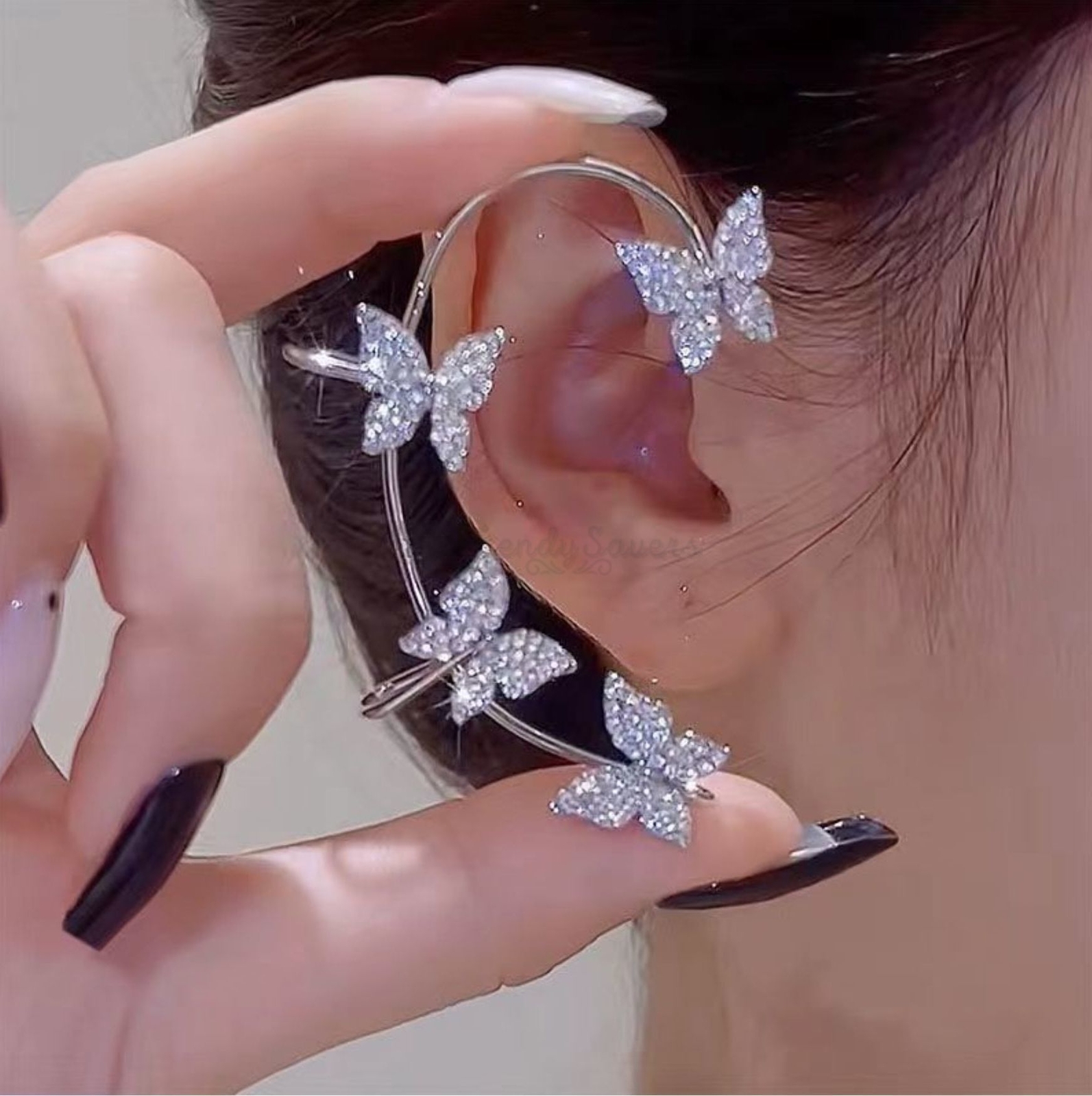 Silver. Rhinestone Butterfly Ear Cuff Earrings Non Piercing Cuffs Clip