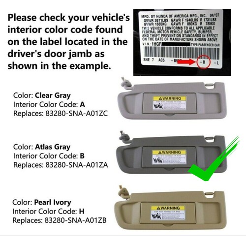 Dark Gray Sun Visor Passenger RH For Honda Civic 2006 2007 2008 2009 2010 2011 - Picture 2 of 13