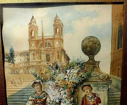FRAMED AQUARELLE PAINTING FLOWER SELLERS BY CAMILLO GIOIA BARBERA c1860 - Picture 6 of 12