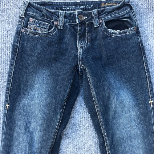 Cowgirl Tuff Dark Don't Fence Me In Low Rise Bootcut Blue Jeans Womens 26x33 - Picture 9 of 13