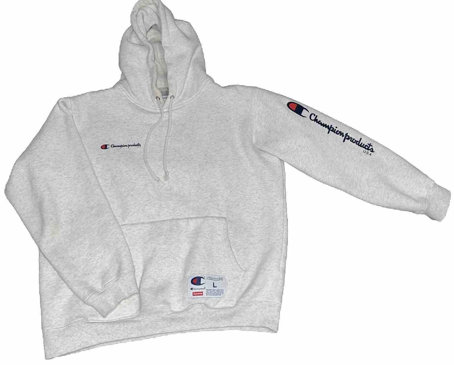 Sweat à capuche logo Champion & Supreme gris taille L