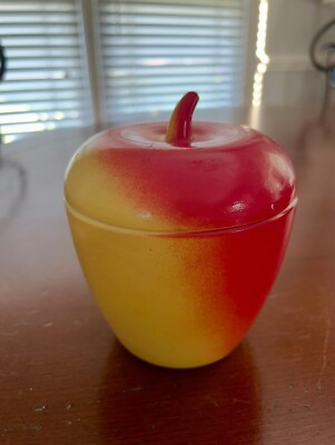 Hazel Atlas Blushing Apple Jam Jelly Jar Red & Yellow Milk Glass Vintage