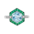 4Ct Art Deco Vintage Aquamarine & Emerald Hexagon 14K White Gold FN Wedding Ring
