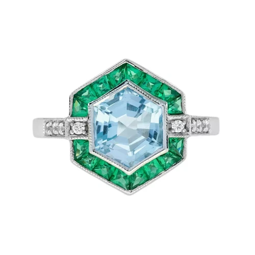 4Ct Art Deco Vintage Aquamarine & Emerald Hexagon 14K White Gold FN Wedding Ring
