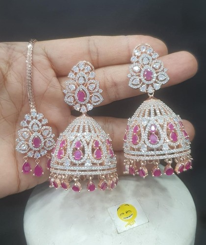 Bollywood Style Indian Cubic Zirconia Earrings Tikka Set Multicolour Jewelry Set - Picture 2 of 6