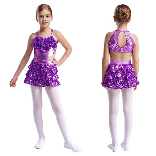 UK Kids Girls Sparkly Sequins Hip Hop Jazz Latin Gymnastic Dance Stage Costume - Picture 47 of 128
